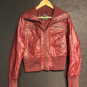 Dark Red Cropped Fitted Leather Jacket